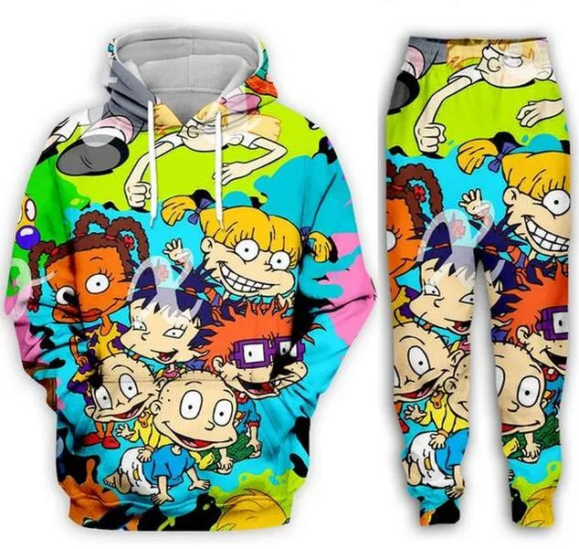 Wholesale--New Fashion Men/Womens Cartoon 90s Sweatshirt Joggers Funny 3D Print Unisex Hoodies+Pants %09