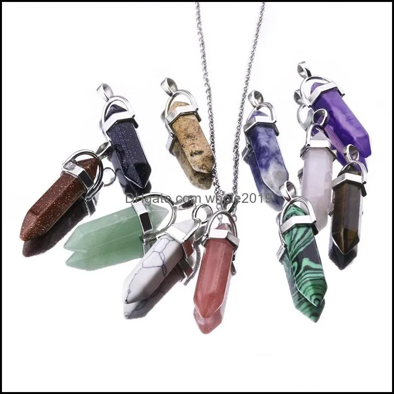 30colors bullet hexagonal crystal pink purple quartz natural stone pendant chakra druzy necklace with 50cm stainless steel chain