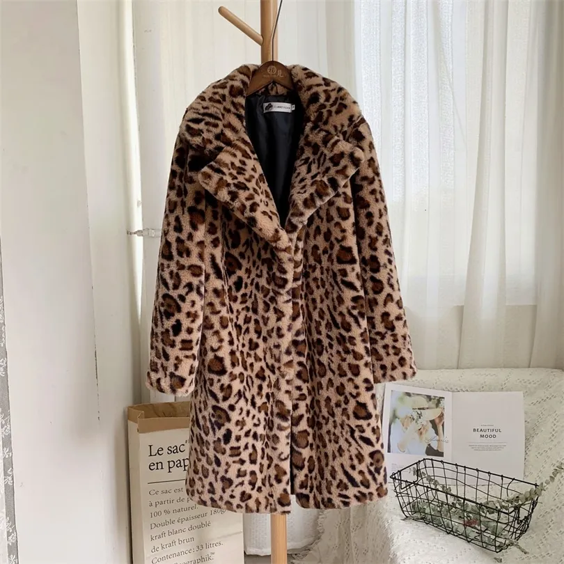 Cappotto in pelliccia sintetica da donna Stampa leopardata Cappotto medio invernale caldo lungo in orsacchiotto Colletto rovesciato Cappotti oversize Capispalla Giacca in orsacchiotto 2019 T191102