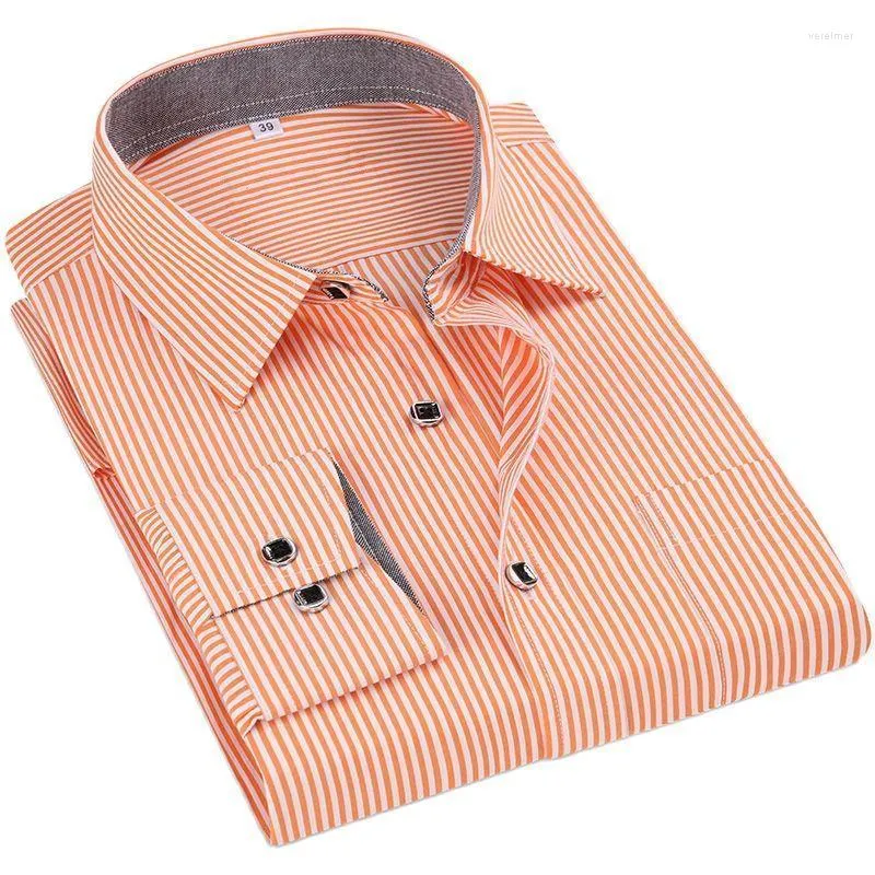 Camisas de vestido masculinas algodão para homens de manga longa Camisa listrada da empresa masculina casual laranja vermelha cinza azul fitmen de fitmen de fitmen vere22