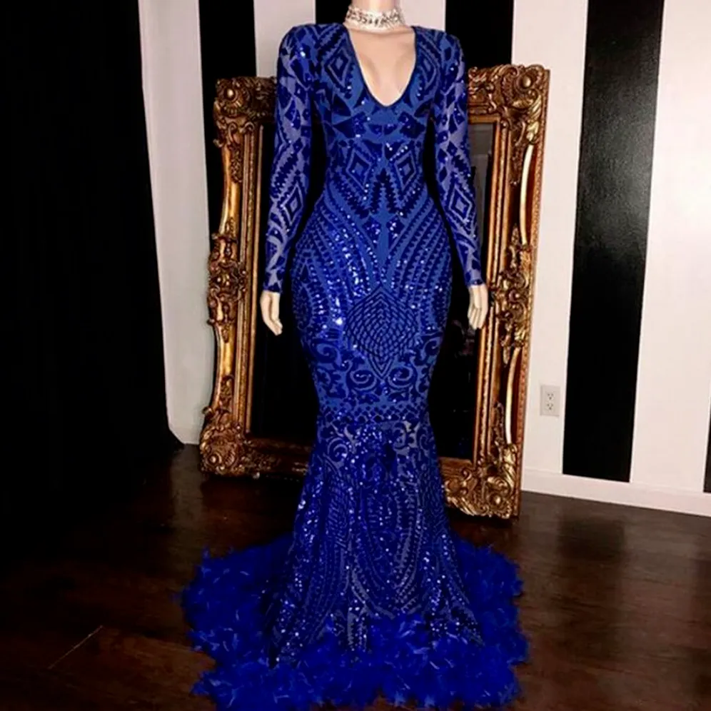 Royal Blue Mermaid Prom Dresses Deep V Nek Lange mouwen Veren Formele jurk avondjurken Lovert Robe de Soiree 0617