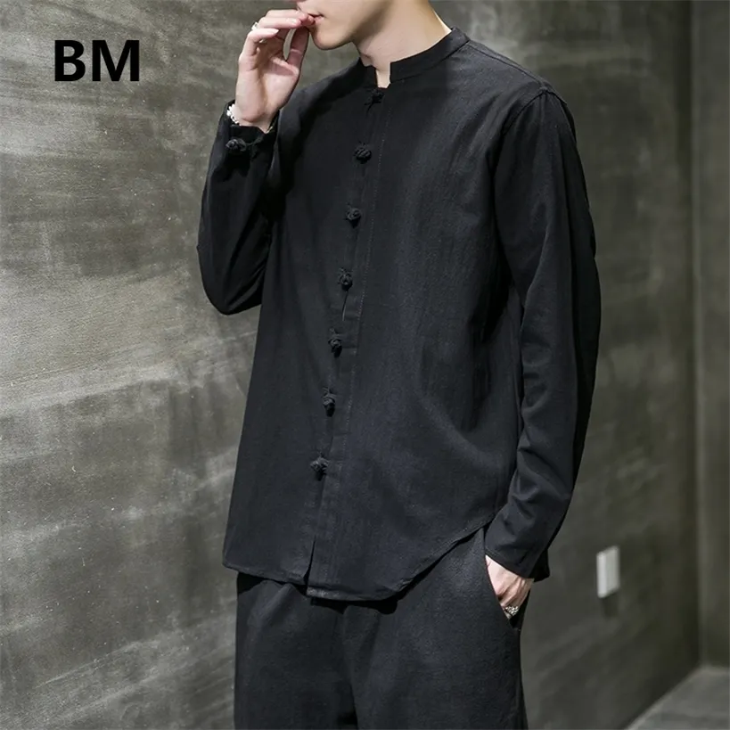 リネンシャツ男性服中国風長袖レトロボタンシャツソリッドカラースタンドアップカラールーズプラスサイズトップ220323