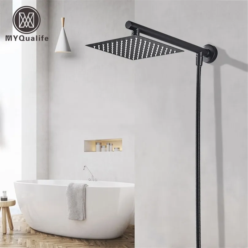 Chrome Wall Mounted Ultrathin Square 8" Shower Head + Brass Arm 150cm Srainless Steel Hose 220401