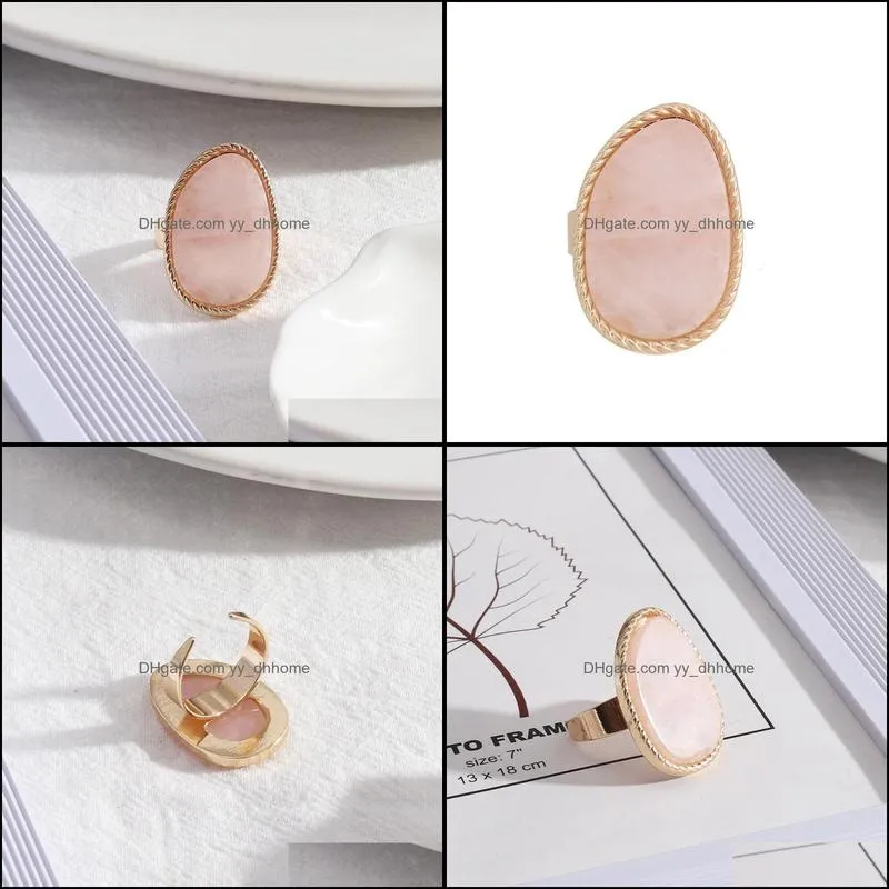 fashion gold plated pink rose quartz crystal open rings geometric natural stone ring for women jewelry gift