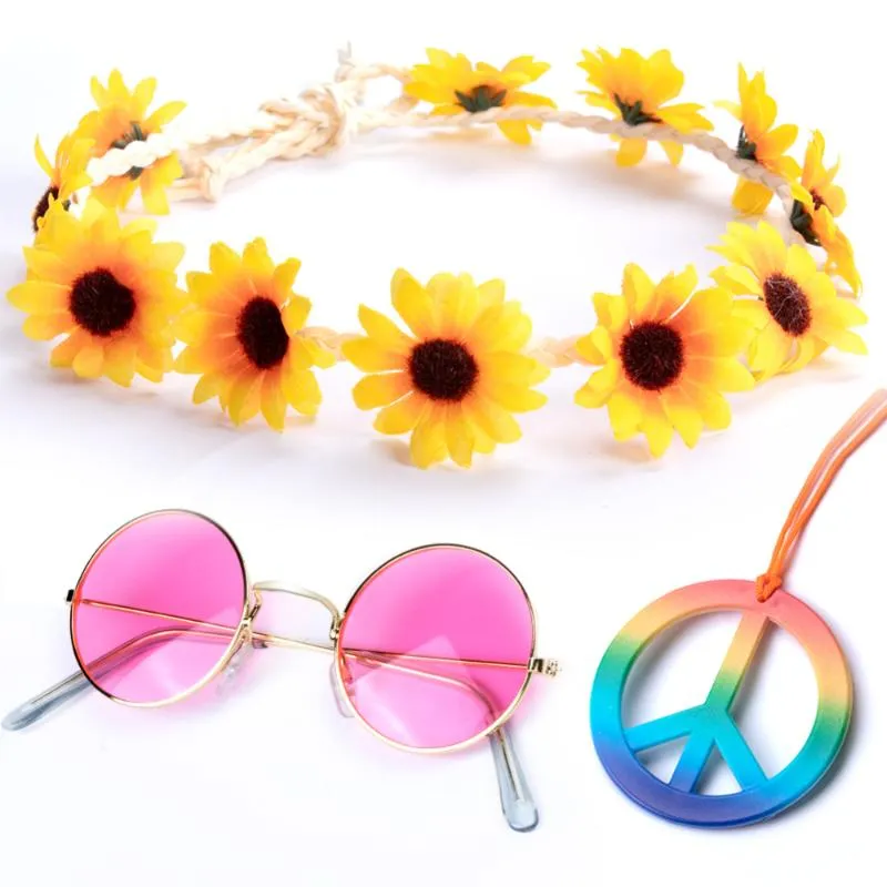 Party Decoratie 3 stks hippie kostuumset Daisy hoofdband zonnebril vredesbord ketting Halloween -benodigdheden accessoires