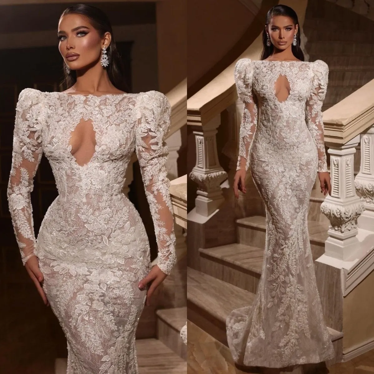 Eleganta bröllopsklänningar för brud 2022 Mermaid Bridal Gowns Lace Applique Hollow Out Långärmad Snygg Vestido de Novia