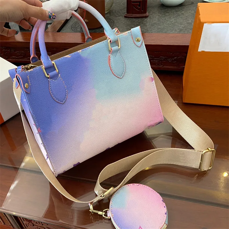 Jiang Luxurys Designer Boston Bags Frühling in der Stadt Sonnenuntergang Bunte Designer mehrfarbiger Kissen Griff Bag Designer Handtasche Braune Leinwand