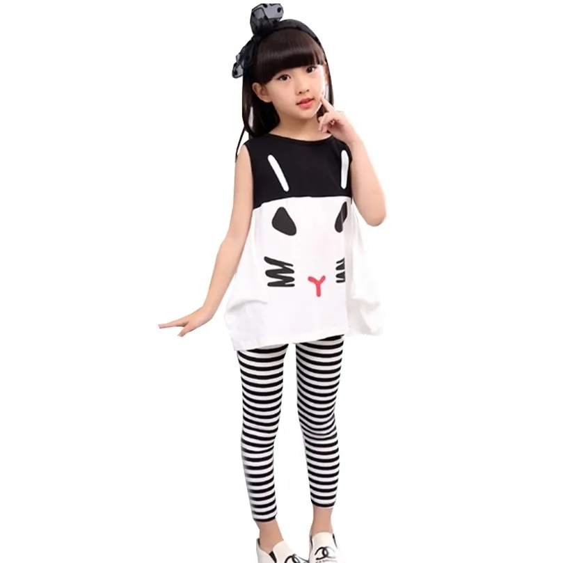 Baby Girl Summer Olding Cartoon Tops рубашка + Zebra Stripes Pantes Fashion Fashion одежда для девочек костюм детская одежда для 4 6 8 10 12 лет 220509