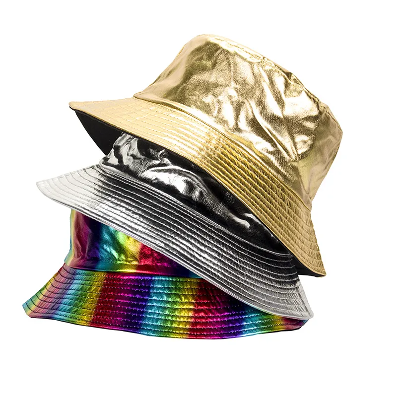 Chapeau seau en cuir PU Chapeaux à large bord double face Casquette Hip Hop pour hommes et femmes Chapeau de soleil extérieur