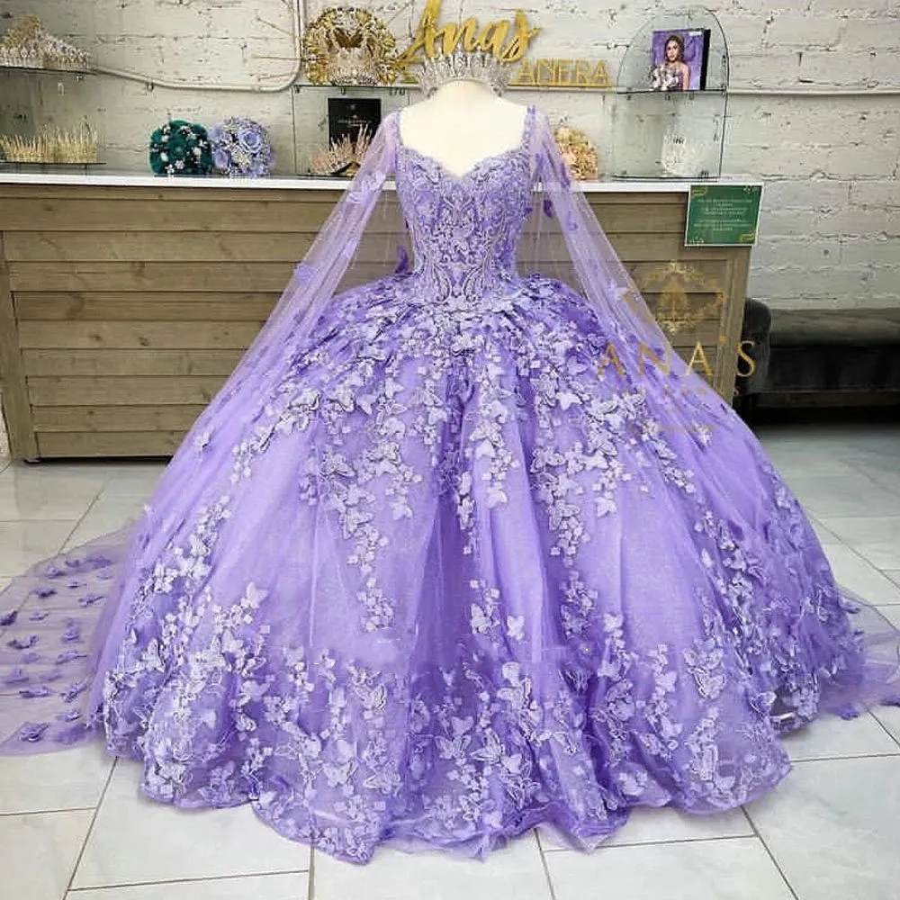 Lilac Spaghetti Strap Butterfly Appliques Lace Quinceanera Dress Ball Gown With Cape Crystal Sweet 15 Vestidos De XV Anos 322