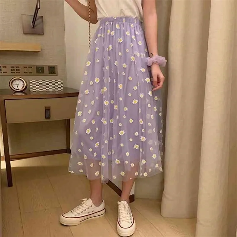 Purple Daisy Print High Waisted A Line Tulle Midi Skirt For