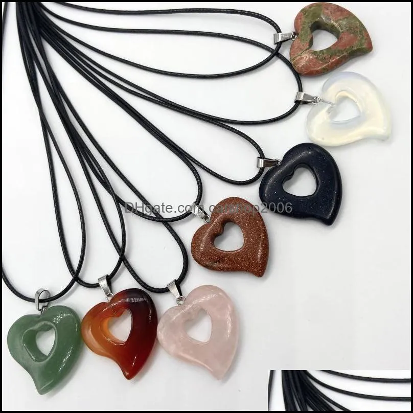healing crystal natural stone pendant hollow heart charms turquoise tiger eye lapsi crystal rope chain necklaces carshop2006