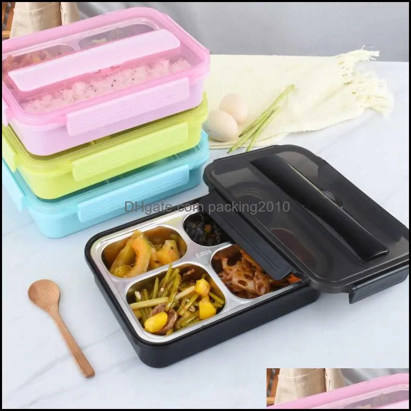 3 grid/4 grid bento box 304 stainless steel lunch box rice boxes with chopsticks spoon for student portable food containers pae10598
