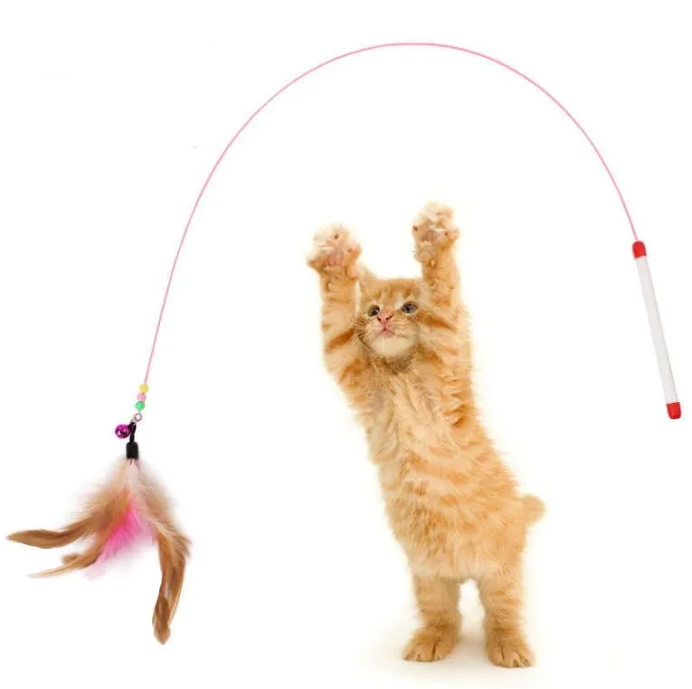 Cat Feather Wand Toy Steel Wire Bell Interactive Pet Stick Kitty Kittentrining Exerciser Heaser Stick Heads