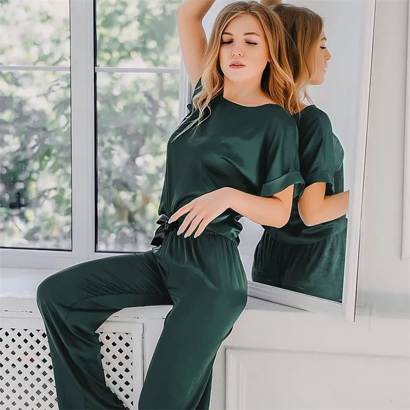 HECHAN Green Brown Women Sleepwear 2 Piece Set Round Neck Short Sleeve Top Solid Loose Pants Satin Home Wear Casual Suit Sets 220329