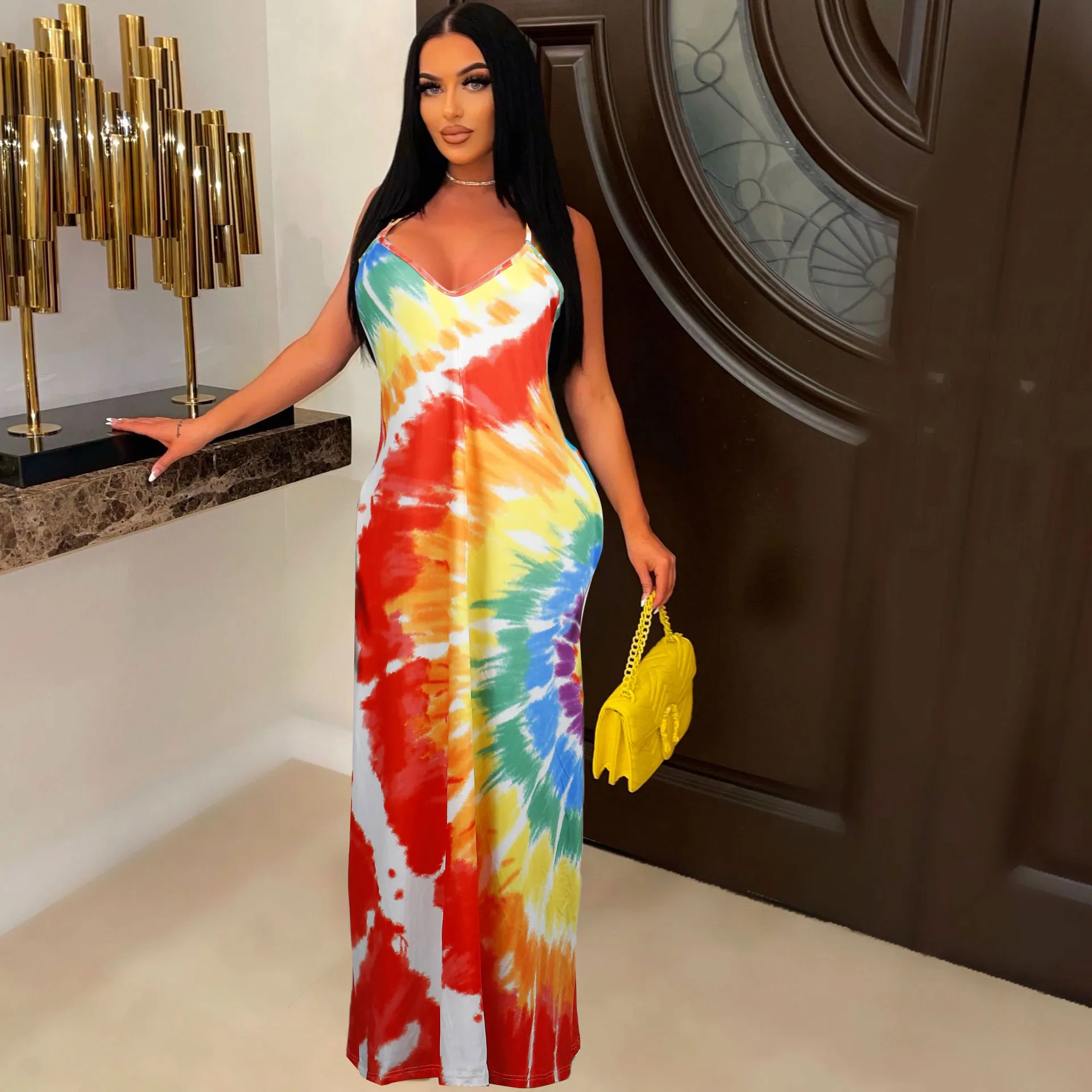 Women Tie Dye Cami Maxi Dresses Casual Pattern Print V Neck A Line Ankle Length Street Long Dress with Pocket