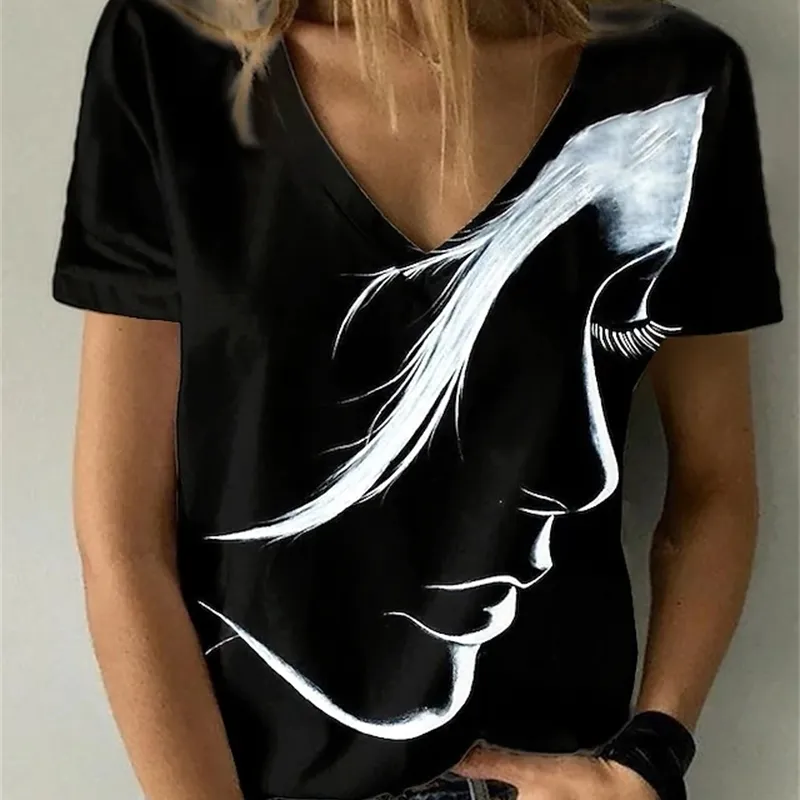 Damen T-Shirt mit 3D-Druck, Sommermode, lässig, V-Ausschnitt, Porträt, bedruckt, kurzärmelig, Basic-Oberteile, weiblich, locker, Übergröße, Pullover, T-Shirt W220422
