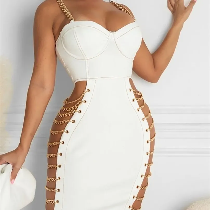 Eyele Chain Hollow Corset Sleeyneveless Bodycon Dress Women Sexig Spaghetti Strap Backlesss Mini 220613