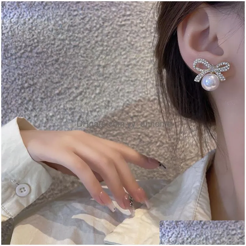 fashion jewelry s925 silver needle stud earings for women rhinestone bowknot faux pearl earrings