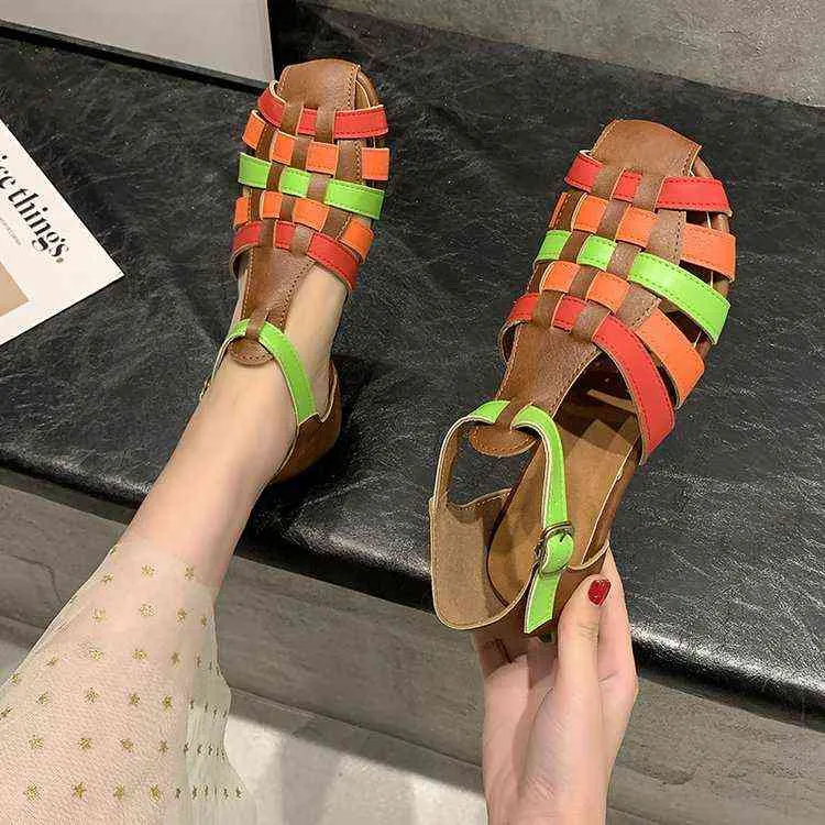 Women Sandals Summer Shoes Retro Square Heel Sandals Casual Women Women Platform Retro Sandals Colorblock Bands J220527