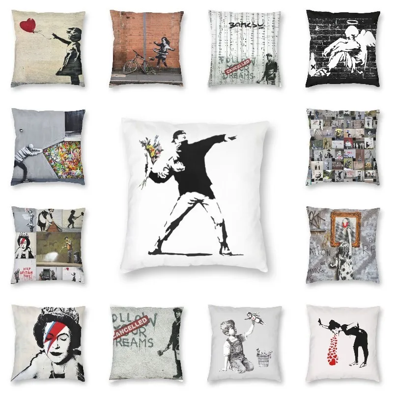 Taie d'oreiller luxe Banksy Street Graffiti jeter taie d'oreiller décor à la maison personnalisé Londres Pop Art coussin 45x45cm taie d'oreiller pour canapé 220623