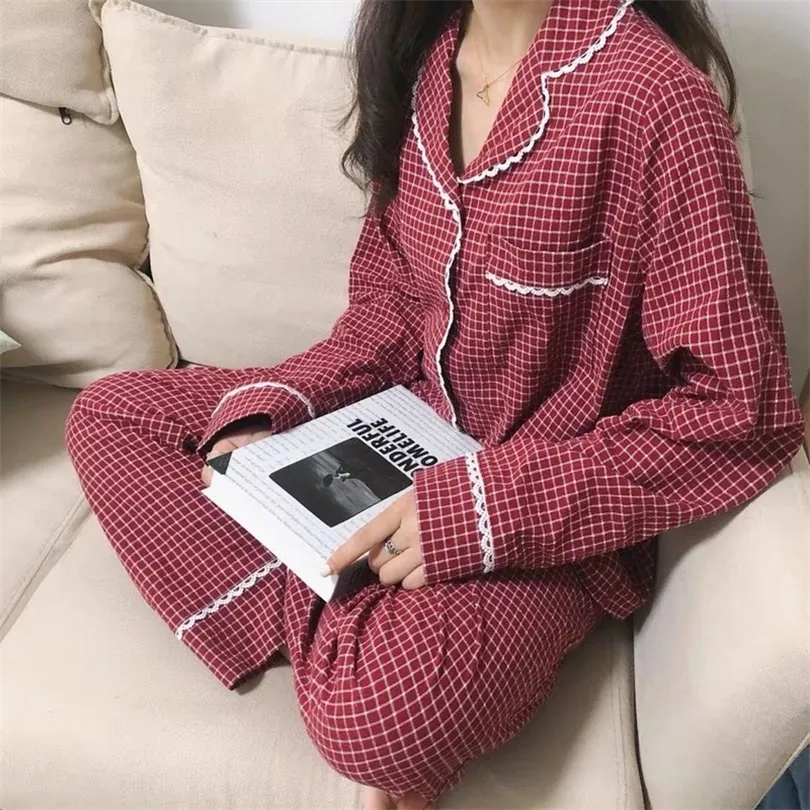 QWEEK Korean Sleepwear Plaid Pajama Set Women Vintage Pyjamas Femme Lace Pijamas Long Sleeve Nightwear Autumn Loungewear Pj 220329