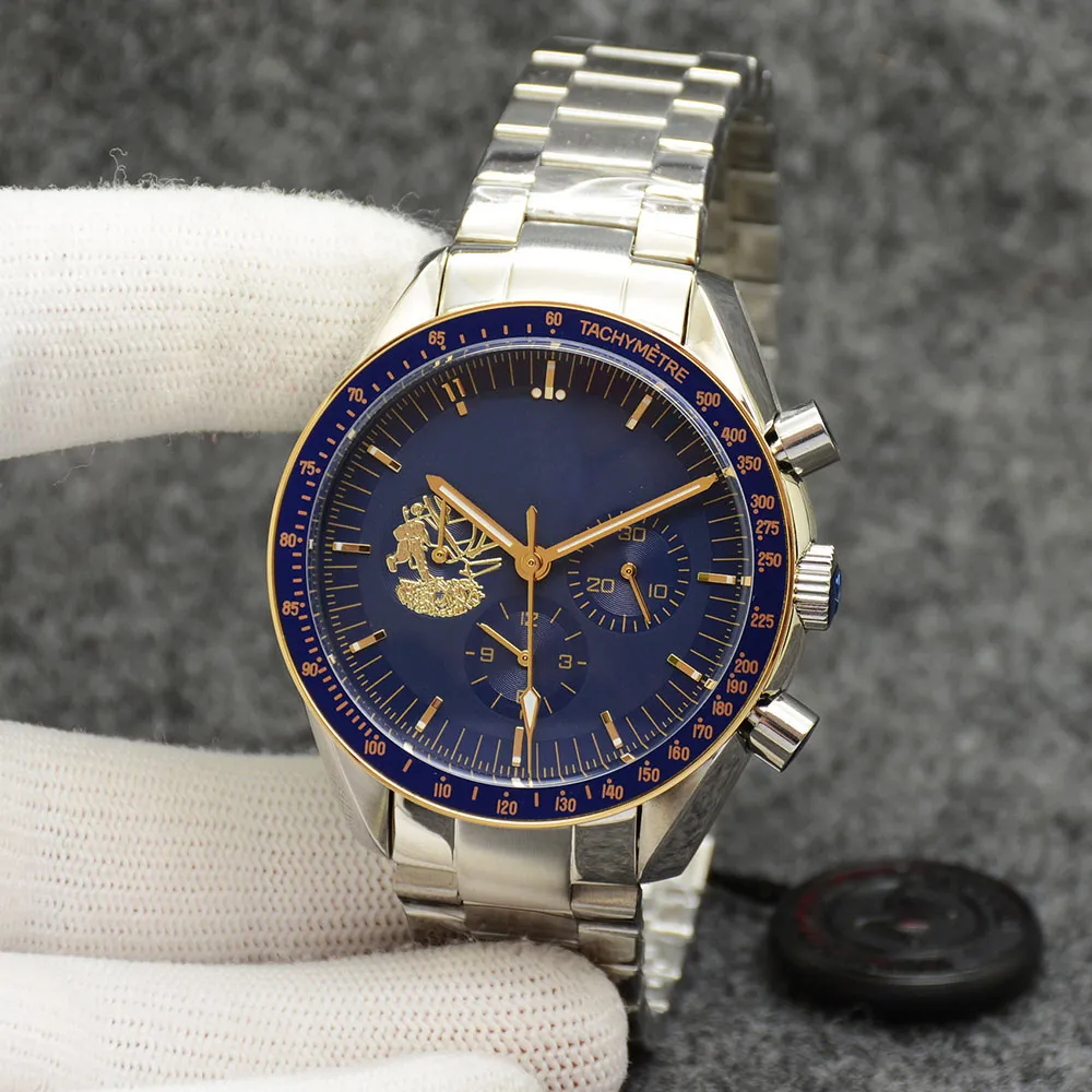 Olhos no Stars Watch Cronograph Sports Battery Power Limited Two Tone Gold Blue Dial Quartz Professional Dive Wristwatch Stainless