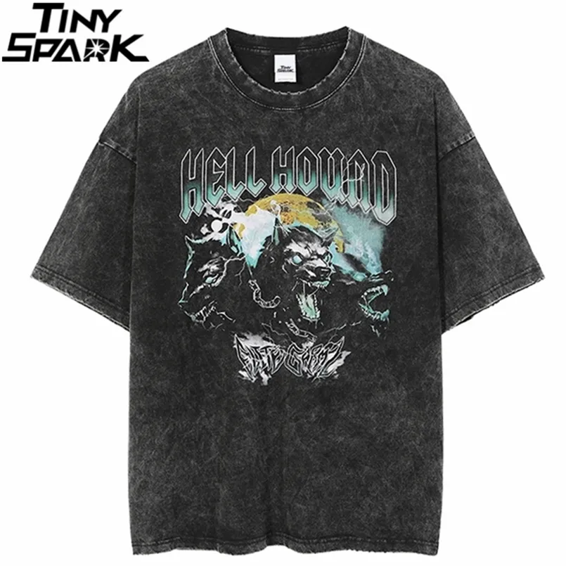 Hip Hop Streetwear Washed T-Shirt Lightning Hound Print T-Shirt Harajuku Baumwolle Casual T-Shirt Sommer Kurzarm Tops Tees 220621