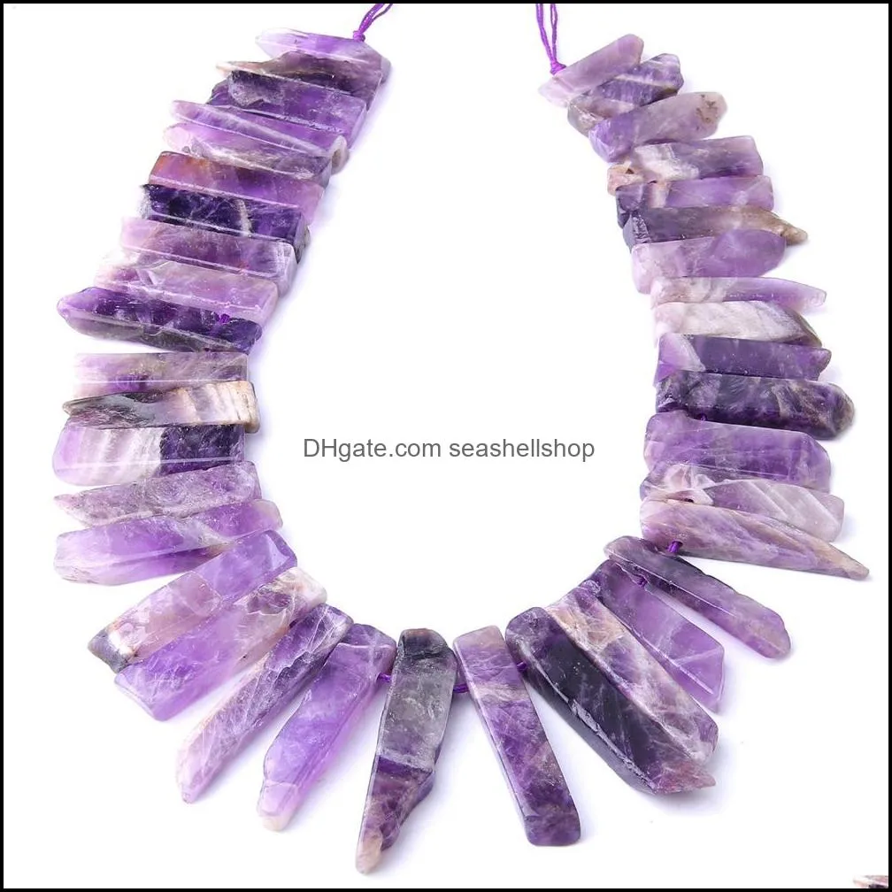 natural raw amethyst crystal quartz stone stick point beads top drilled purple loose beads pendant for jewelry making about 2mm hole