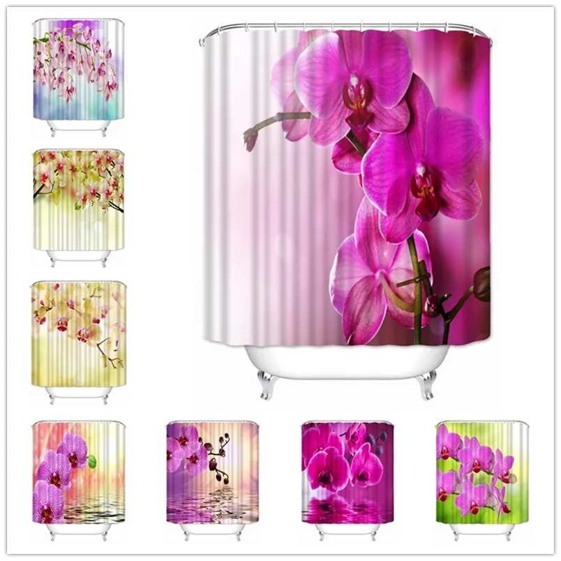 Musife Tenda da doccia personalizzata con fiori di orchidea di alta qualità, tenda da bagno impermeabile in tessuto poliestere 220517