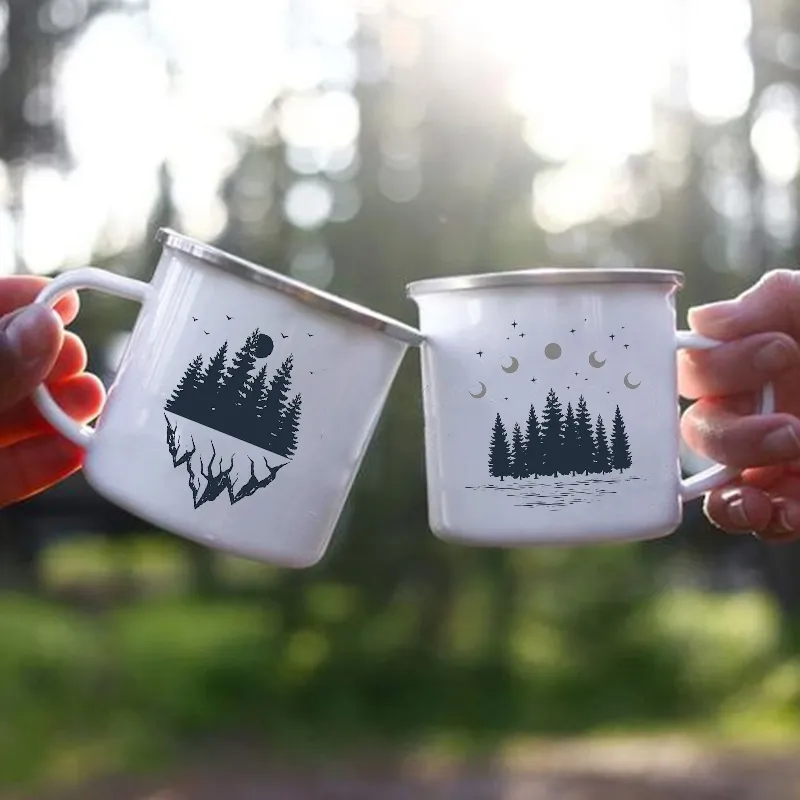 Night Forest Mountain Print esmalte criativo café chá de chá de água xícaras de leite de acampamento Handle drinkware férias para caminhada caneca presentes 220617