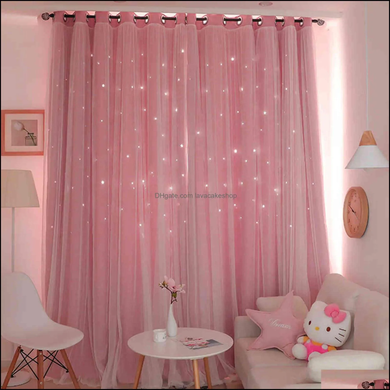 Hollow Star Thermal Insulated Blackout Curtains for Living Room Bedroom Window Curtain Blinds Stitched with white Voile 211103