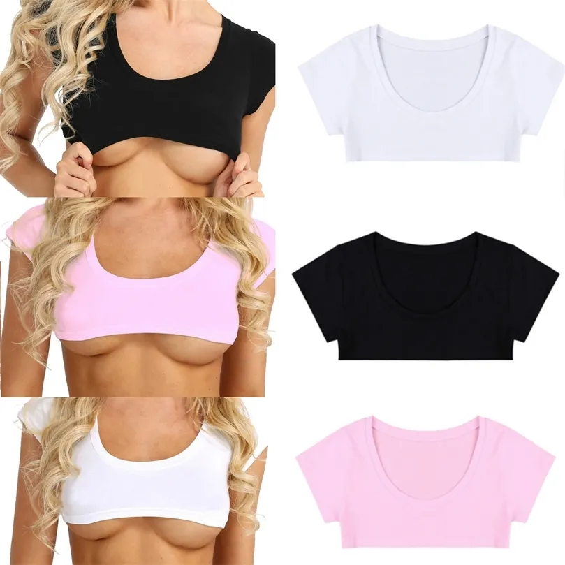 Sexiga sommar T-shirts Dam Kortärmade Solid Svart Vit Crop Tops Skjortor Party Club Casual Tee Tops 220620