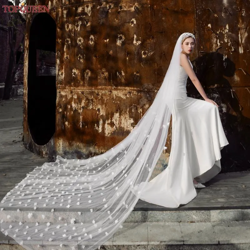Bridal Veils V20 High-End 3D Flowers Wedding Veil Zachte Tule Cathedral Lengte enkele rij ruwe rand Veilbridal