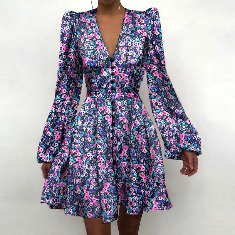 Sukienki dla kobiet designerskich ubrań sukienki swobodne eleganckie latarni rękaw A-line mini ubiór biurowy dama druku