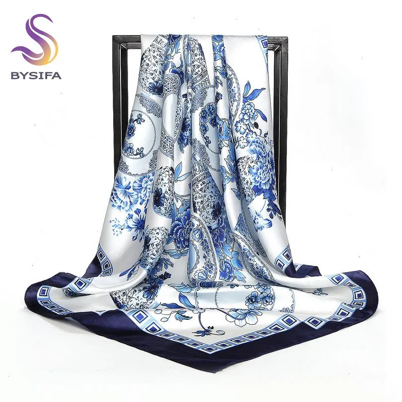 Bysifa China Style Blue White Silk Scarf Cape Design Ladies Muslim Head Printed Fashion Accessories Satin