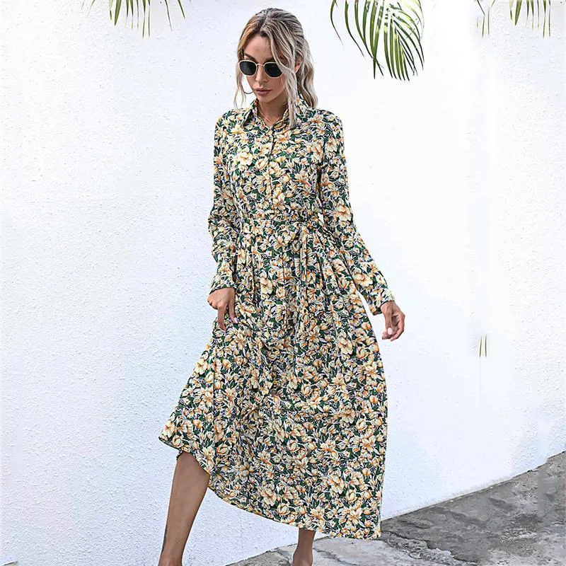 Casual Dresses Foridol Floral Print Maxi Long Boho Shirt Dress Women Winter Sleeve Sash Elegant Ladies 2022