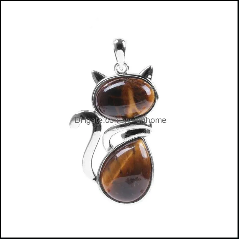 JLN Cute Kitty Cat Stone Pendant Pink Quartz Amethyst Tiger Eye Agate Gemstone Pendant With Brass Chain Necklace For Girls