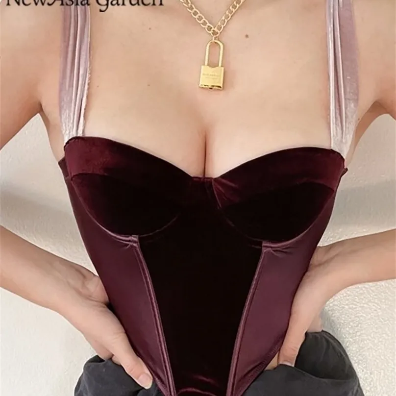 Asia Velour Corsetto Top Tie up Fiocco Fodera imbottita con ferretto Bottoni disossati Bustier Donna Estate Sexy y2kﾠCrop Tank 220318