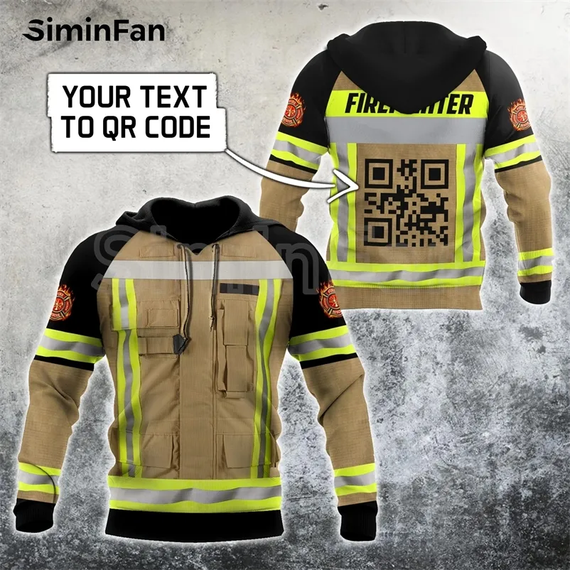 Customize Your QR Code Firefighter Hoodie Mens 3D Print Unisex Sweatshirt Casual Harajuku Pullover Women Tracksuit Coat Jacket 220707