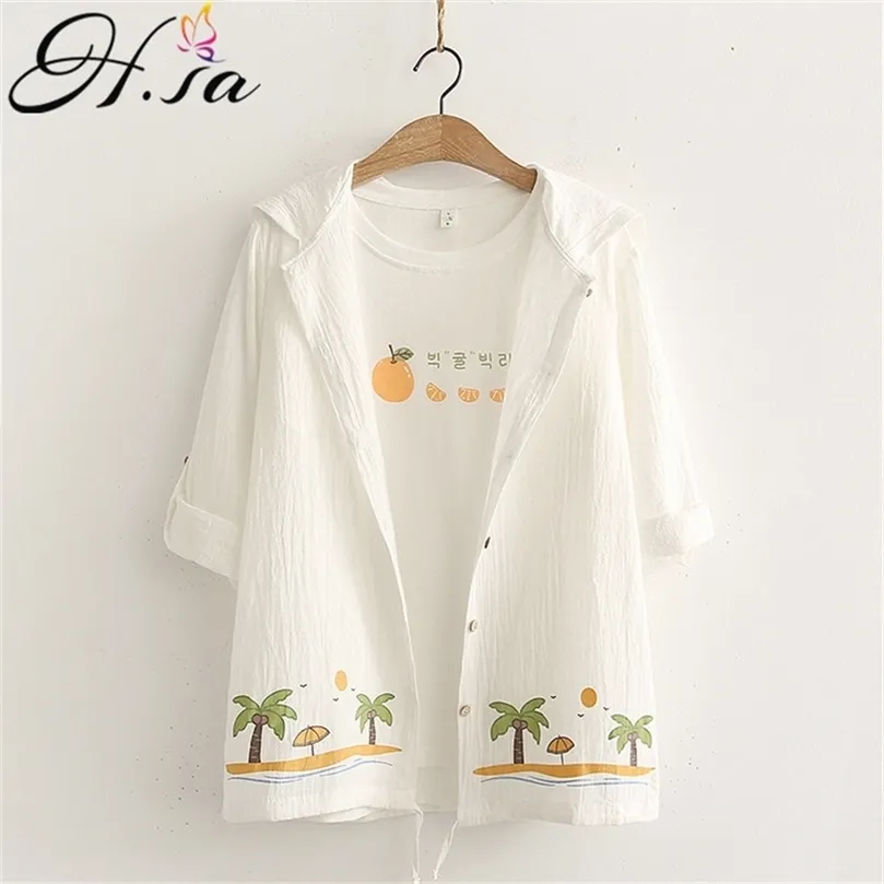 HSA Women Blouse and Shirt Long Sleeve Sunsreen Summer Blusas Hooded Beach Style Room Casual Tops Button Up blusa de mujer ins 210716