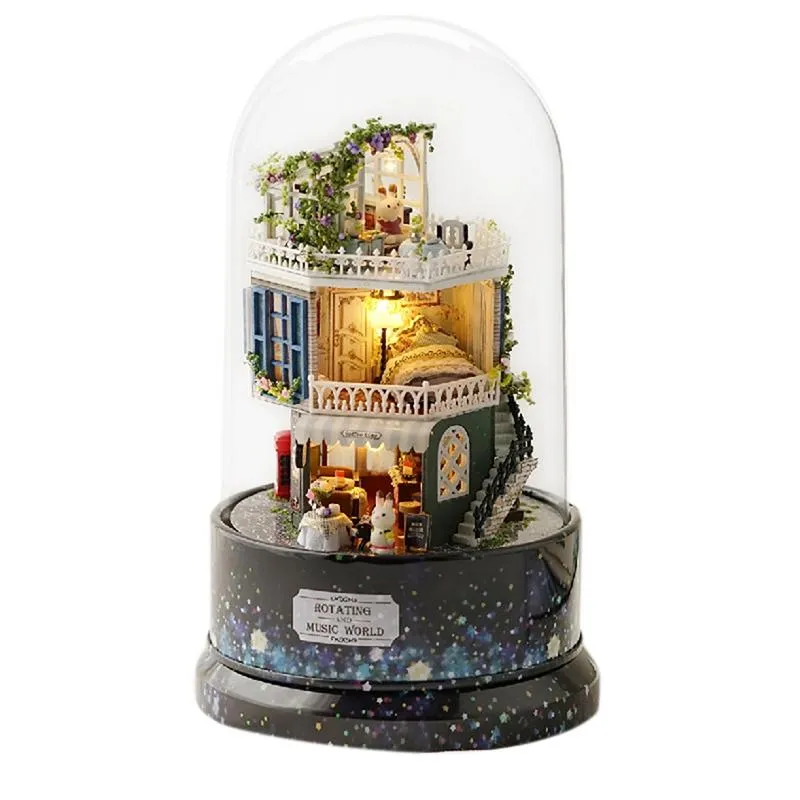 Oggetti decorativi Figurine Casa delle bambole Ruota carillon Kit di montaggio in miniatura con mobili Casa in legno Giocattoli per bambini Compleanno Gi