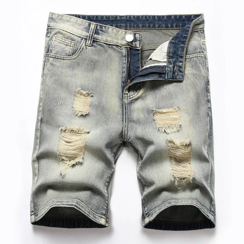 Men's Jeans Summer Men High Street Vintage Ripped Straight Shorts Male Distressed Holes Stylish Slim Casual Denim Five PantsMen's