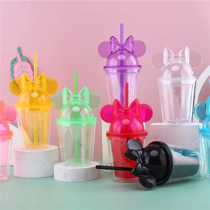 350ml Acrylic Mouse Ear Bottle with Straw Clear Plastic Dome Lid Cup Children's Party Double Wall Cute Cartoon Bow-tie Water 228Q