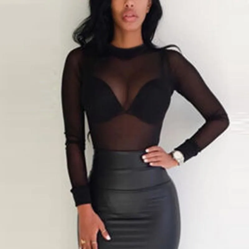 Wholesale- Sexy Women T Shirt See Through Transparent Mesh Tops Long Sleeve Sheer Slim Ladies Turtleneck T-Shirt