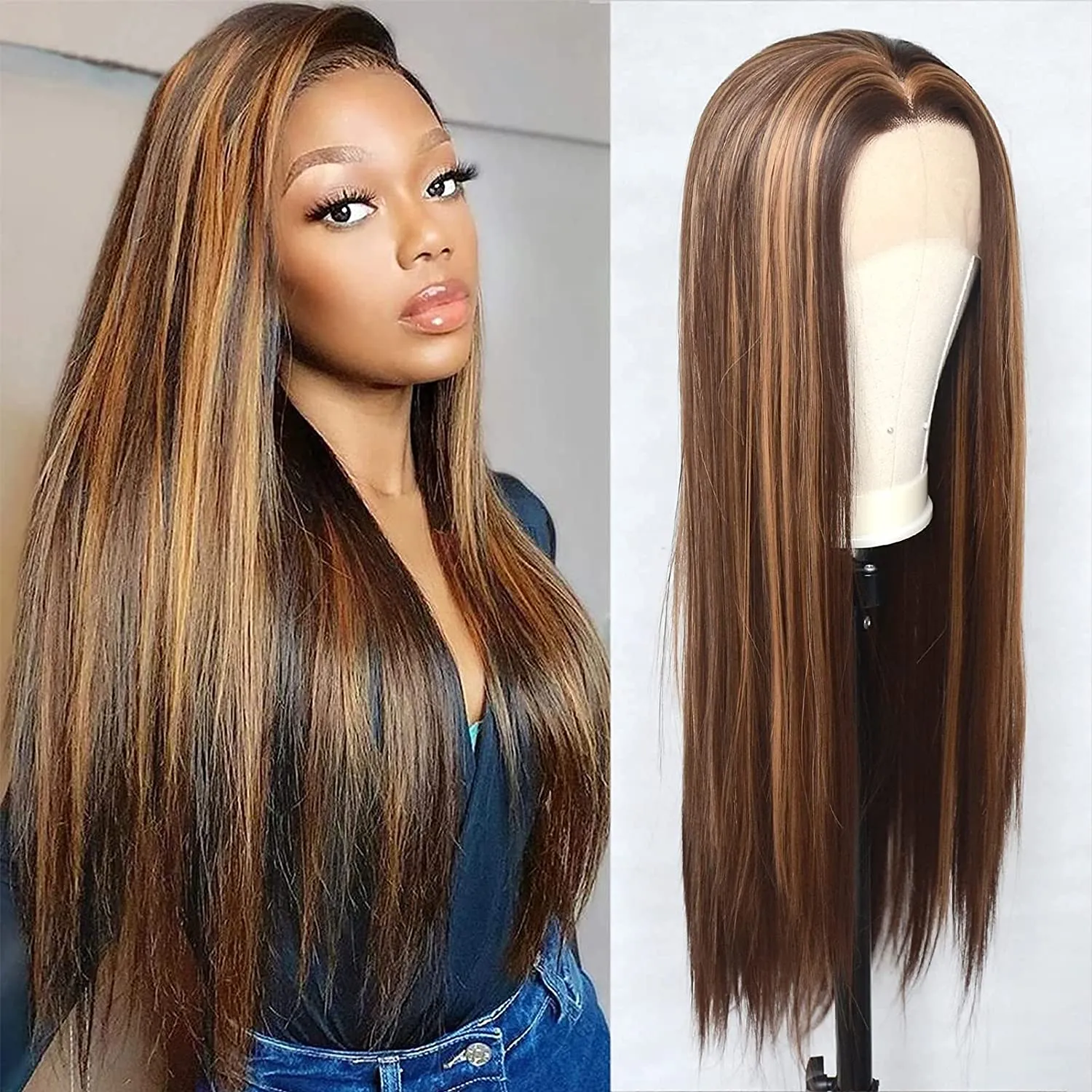 Brown Balayage Silky Straight 13X4 Lace Front Wigs Human Hair Highlight Colored Wigs, 20 Inch Free Part Glueless Pre Plucked 150% Density