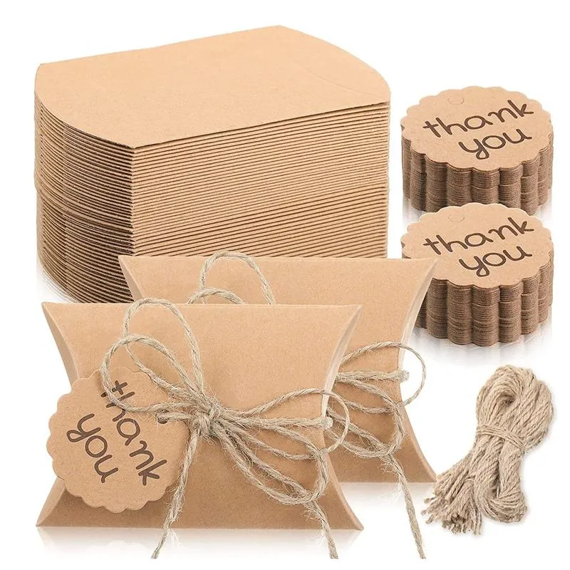 Prezentowe fragmenty Kraft Paper Pillow Box Zestaw Candy Wedding Favor With You Tag and Frienes for Baby Showergift