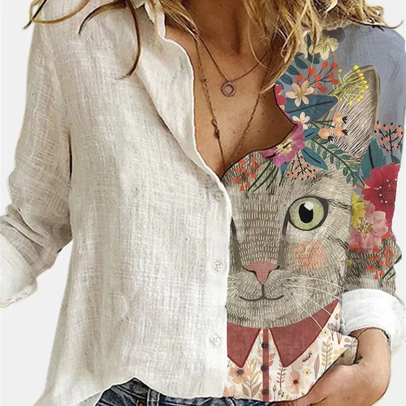 Mode lâche animal chat impression numérique femmes chemise automne bureau chemisiers blancs manches col rabattu décontracté imprimé cardigan haut 220725