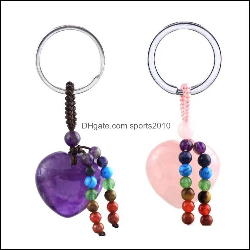 heart shape natural stone seven tassel key rings keychains silver color healing amethyst pink rose crystal car decor keyholder for women