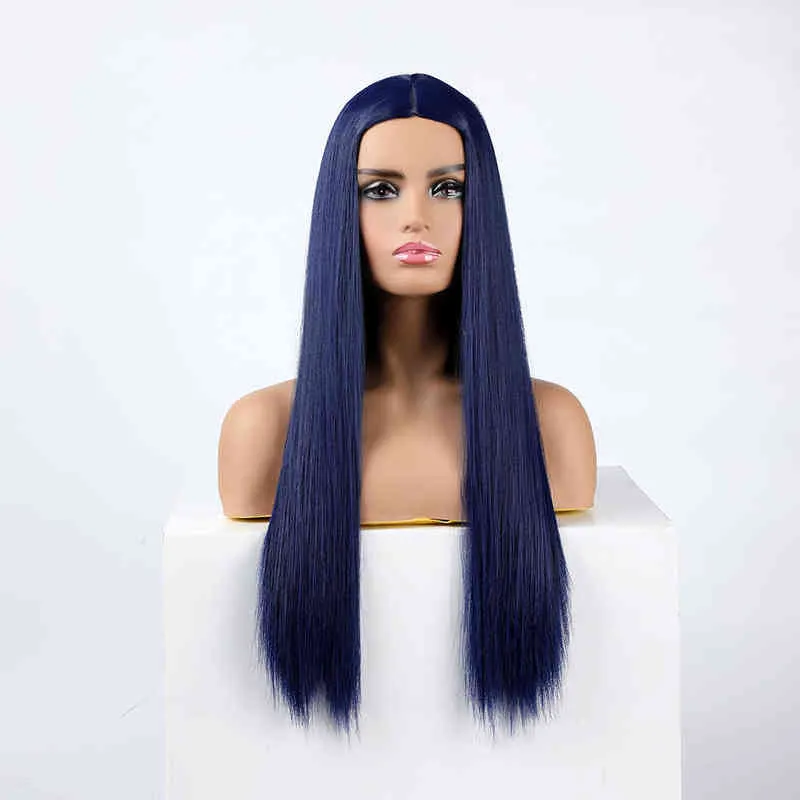 W الاصطناعية الأزرق الداكن الأزياء النسائية الجديدة البحرية الطويلة طويلة wig مقاومة للحرارة للنساء 220622